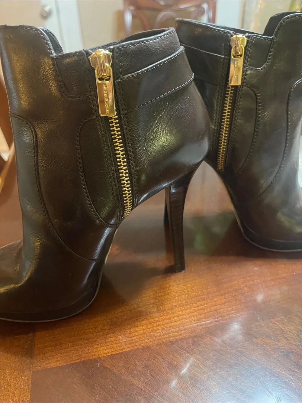 Michael Kors Dark Brown Leather High-Heel Ankle Booties with Gold MK Accent